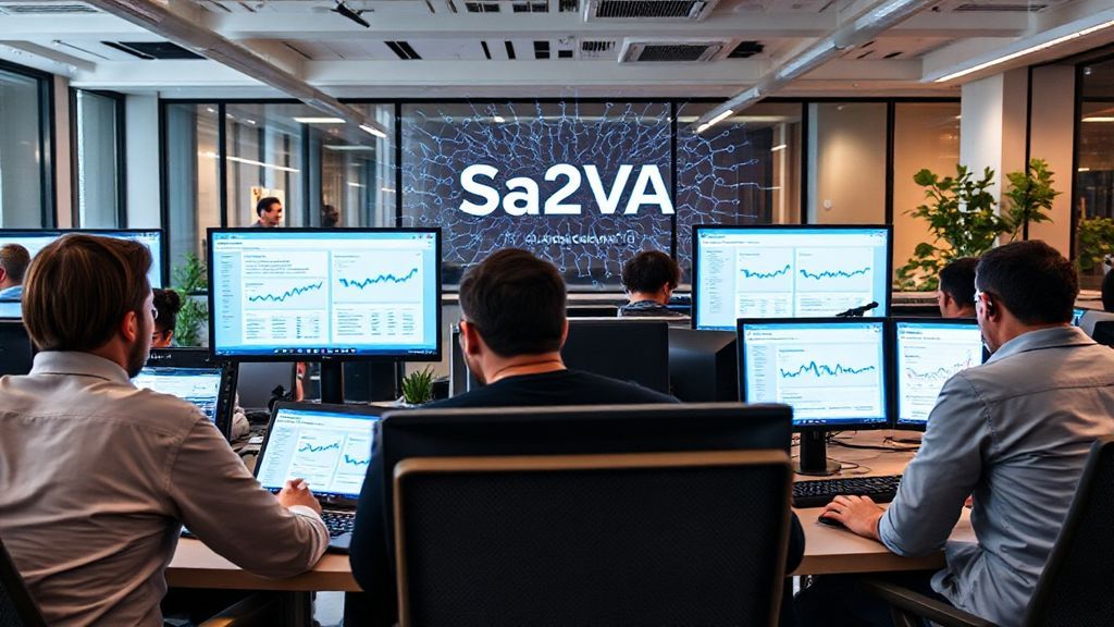 A marketing team using AI tools to analyze Twitter data for identifying potential customers, with a visual representation of Sa2VA technology for deep image and video understanding.