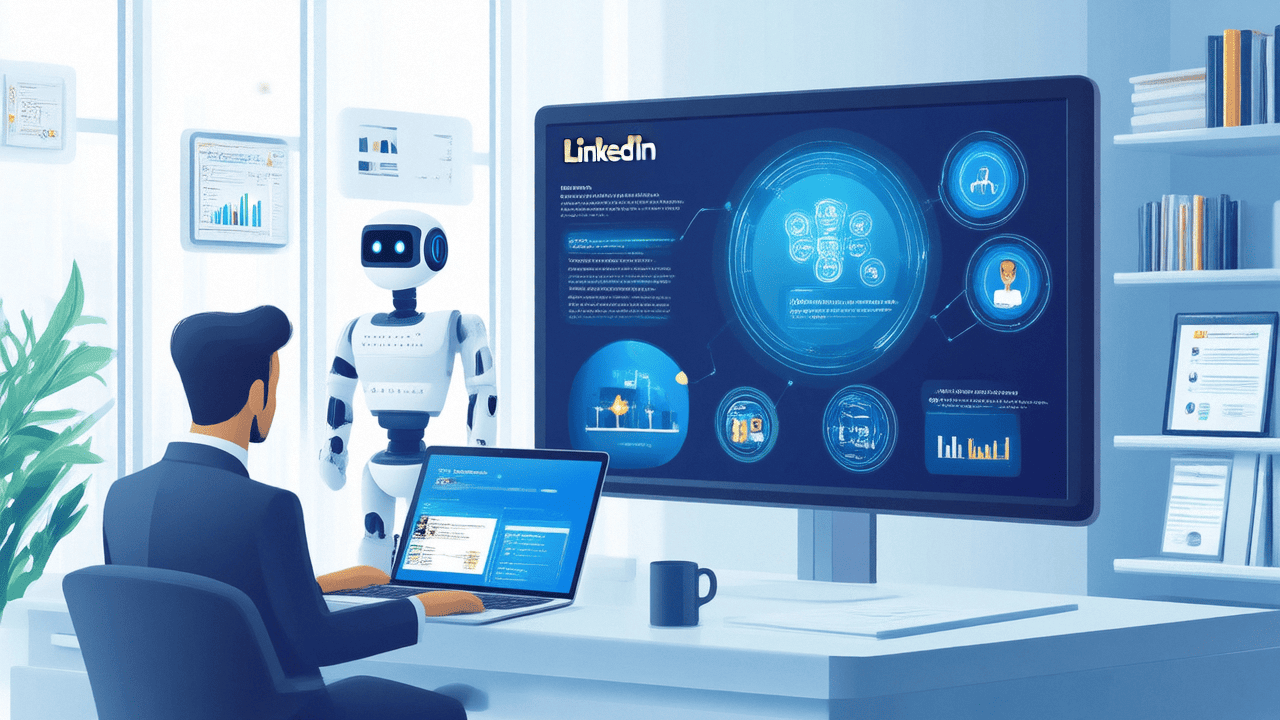 A business professional developing foreign trade AI software using LinkedIn client resources in a modern office, accompanied by a smart display and an AI chatbot.