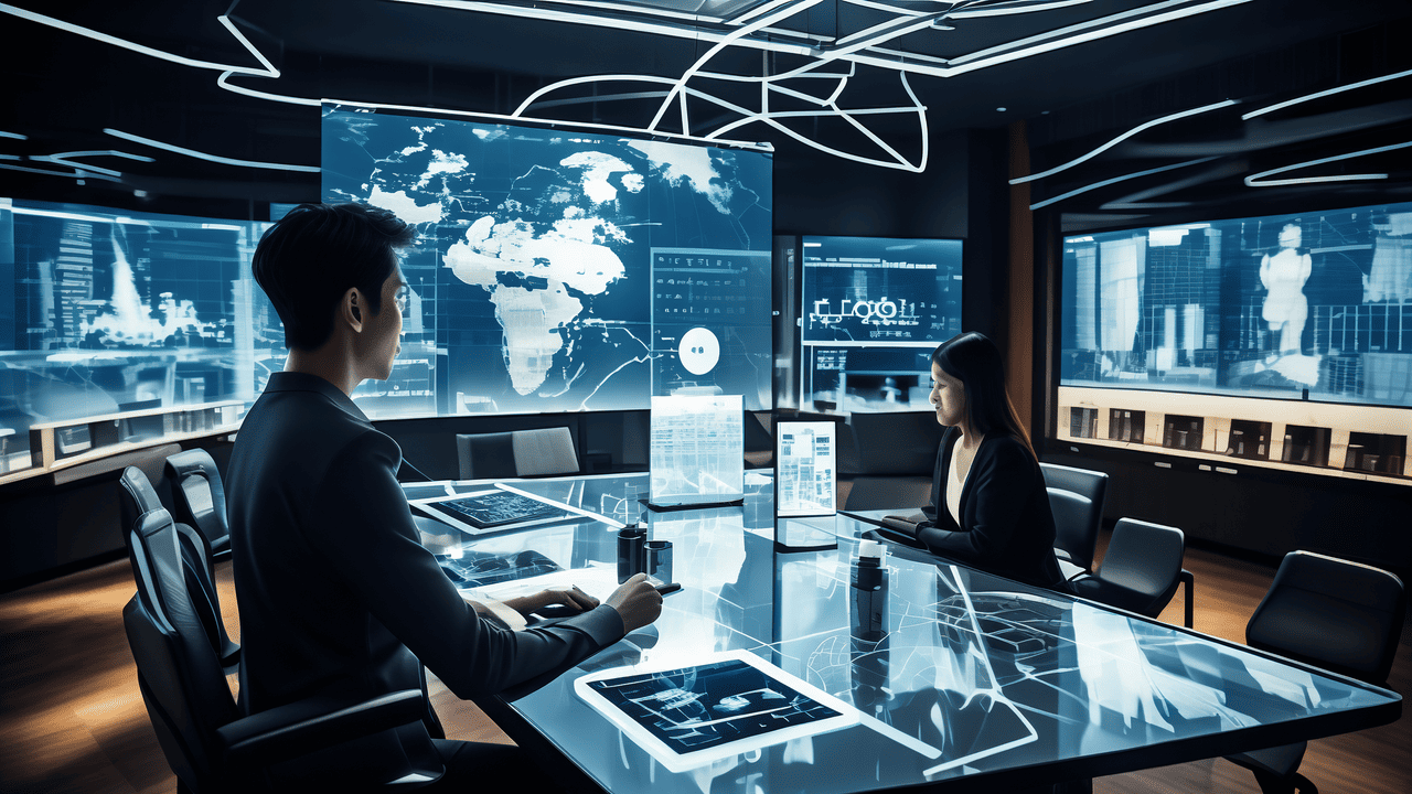 Professionals in a modern conference room using AI voice recognition technology and Google Maps customer acquisition tools for global investment analysis and personalized user service optimization.